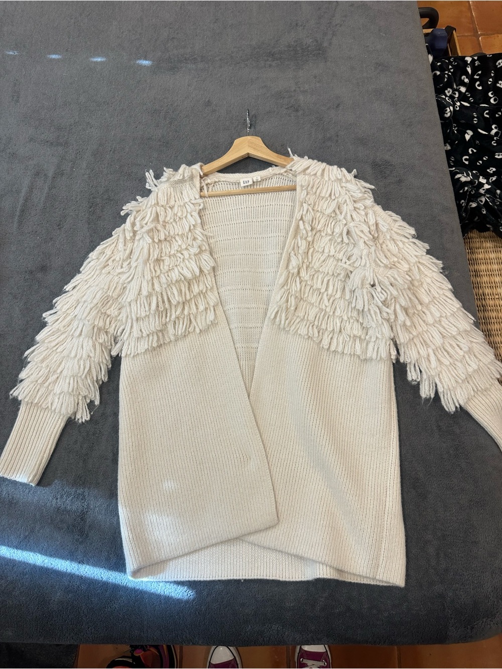 GAP Cream Fringe Knit Open-Front Cardigan
